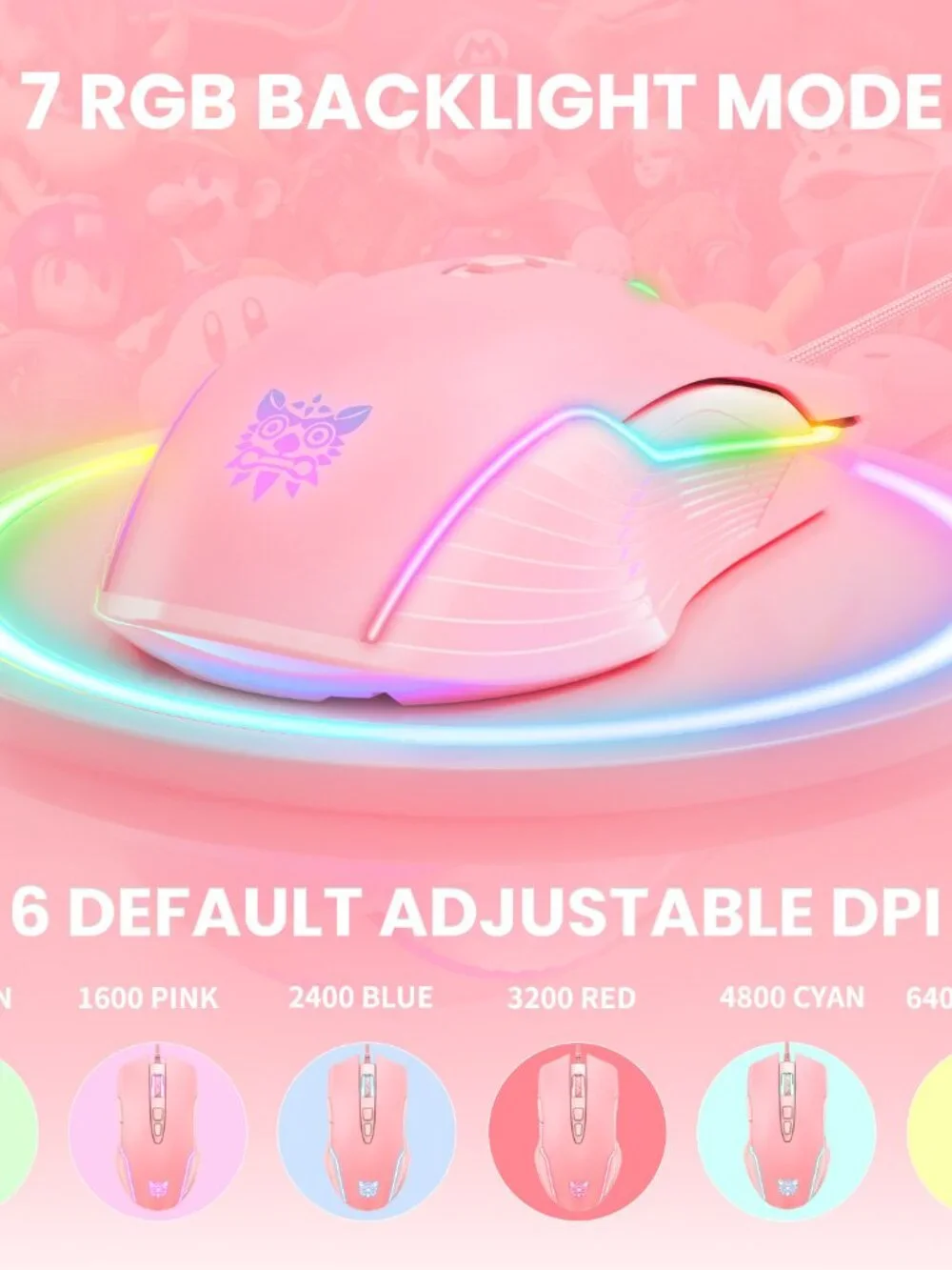 Gamer Cute RGB 6400 DPI Wired Gaming Mouse Breathing LED Optical USB 7 Buttons